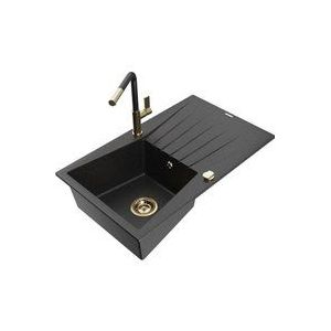 Mexen - Cesar 1 Becken-Granitspüle mit Abtropffläche und Mischbatterie Flora, Schwarz/Silbermetallic -