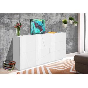Modernes Sideboard mit 2 Türen und 3 Schubladen, Made in Italy, Küchen-Sideboard mit Detail, Design-Wohnzimmerbuffet, 143x44h86 cm, Glänzende weiße