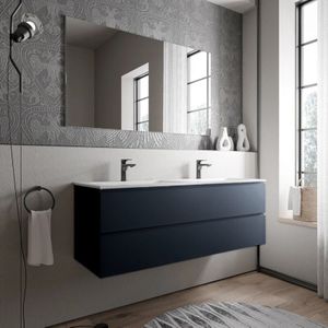 Bernstein - Unterschrank ava 140cm Badmöbel: Mitternachtsblau, Mineralguss Waschbecken cream Weiß matt mit Hahnloch