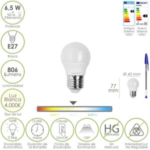 Bombilla Led Esfera Rosca E27. 6.5 Watt. Equivale a 50 Watt. 806 Lumenes. Luz Neutra 4000º k.