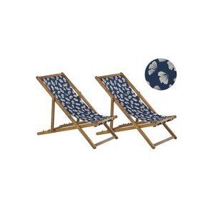 Liegestühle 2er Set aus hellem Akazienholz Bezug marineblau zusammenklappbar Blumenmuster Gartenausstattung Outdoor Gartenzubehör Modern
