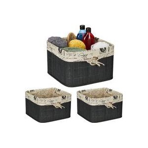 Relaxdays - 3 x Aufbewahrungskorb, Bambus & Polyester, hbt: 20 x 31 x 31 cm, Körbchen mit Griffloch, Regalkorb, schwarz/creme