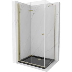 Lima klappbare Duschkabine 100 x 80 cm, Transparent, Gold + Duschwanne Flat, Schwarz - 856-100 - Mexen