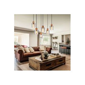 Pendelleuchte Hängelampe Holzlampe Esszimmerleuchte 6 flammig Glas rauch l 67 cm