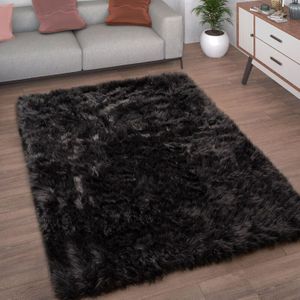 Paco Home - Kunstfell Fellteppich Imitat Teppich Hochflor Sitzkissen Herzform Rund Fell Form 60x100 cm, Schwarz