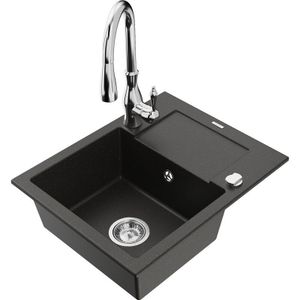 Enzo 1 Becken-Granitspüle mit Abtropffläche und Mischbatterie Savita, Schwarz/Gold metallisch - Mexen