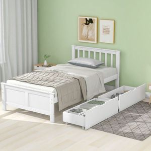 Einzelbett 90x200, Bett mit Schubladen, Bettrahmen, Massivholz Kiefer, Kopfteil