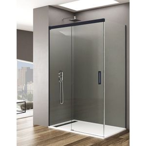 Basic Duschkabine 1+1 Mit 8mm fester Seite ohne Bodenprofil 5 Farben 2 Glasarten 6mm in Aluminium Schwarzes-profil 110x90 cm Transparentes glas