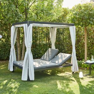 Siena Garden - Waikiki Loungebett anthrazit Gestell Aluminium, Fläche Ranotex®-Gewebe, inkl. Dach und Seitenteile in hellgrau
