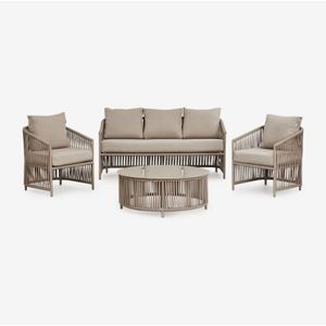 Gartenset mit 2-Sitzer-Sofa, 2 Sesseln und Couchtischen aus Aluminium und geflochtenem Sophie-Seil. Moka Braun - Sklum