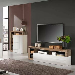 Dmora - TV-Möbel, Made in Italy, Sideboard für Wohnzimmer-TV mit 1 Tür und offenen Fächern, cm 184x42h58, glänzend weiß und birnenfarben