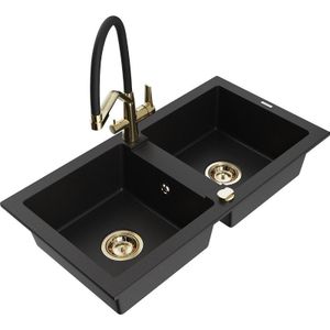 Mario 2-Becken-Granitspüle mit Mischbatterie Duo, Schwarz - 6504-77-671701-57-G - Mexen
