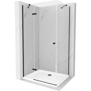 Roma kippbare Duschabtrennung 90 x 70 cm, Transparent, Schwarz + Duschwanne Flat, Weiß - 854-0 - Mexen