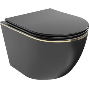 Lena WC-Schüssel Randlos mit slim Sitz und Absenk-Automatik, duroplast, Schwarz matt/gold lini - Mexen