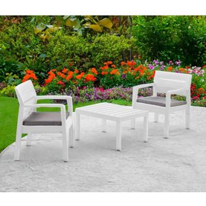 Outdoor-Lounge-Set Dalfier, Gartengarnitur mit 2 Sesseln und 1 Couchtisch, Innen- und Außensitzgruppe mit Kissen, 100 % Made in Italy, Weiß - Dmora