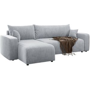 Selsey - Pianoni - Ecksofa mit Schlaffunktion, Stauraum und Cordbezug, hellgrau