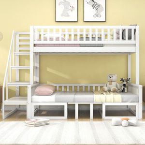 Redom - Platzsparendes Etagenbett mit Treppe, mit verstellbarem Tisch, mit Holzsofa, stabilem Kiefernrahmen, weiß (90 x 200 cm und 120 x 200 cm)