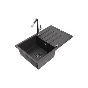 Mexen - Bruno 1 Becken-Granitspüle mit Abtropffläche und Mischbatterie Flora, Schwarz gesprenkelt - 65