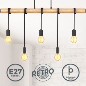 B.k.licht - Pendelleuchte - E27 Fassung, retro, 5-flammig, Holzbalken, schwarz-holz