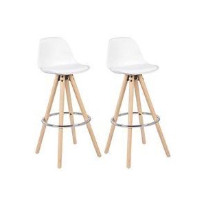 Woltu - 2 x Barhocker 2er Set Barstuhl aus Kunststoff Holzgestell mit Lehne + Fußstütze Design Stuhl Küchenstuhl optimal Komfort Weiß
