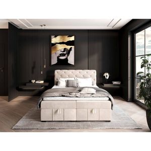 Boxspringbett Karlina 180x200 mit tiefen Bettkasten und Topper SV1 Beige - Furnix