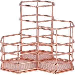 Metal Pencil Holder Multifunction Makeup Brush Storage Pot Hexagon Pen Holder Stationery Organizers for Home Office School, Rose Gold