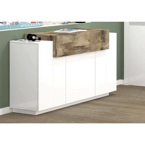 Dmora - Kommode Dmanar, Küchen-Sideboard mit 4 Türen, Wohnzimmer-Buffet, 100% Made in Italy, cm 140x45h86, Weiß glänzend und Ahorn