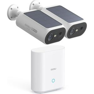 AOSU 2K Überwachungskamera Aussen Solar Akku 2 Cam-Kit mit Station Integrierte Solarplatte 0 Gebühr 32GB Lokaler Speicher AI Personerkennung Licht- &