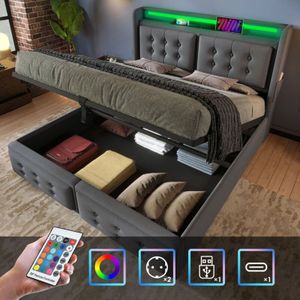 Okwish - Polsterbett 140x200, Doppelbett mit LED-Kopfteil und USB-C-Ladefunktion, hydraulisches Bett mit Holzlattenrost und Metallgestell,