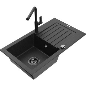 Pablo 1 Becken-Granitspüle mit Abtropffläche und Mischbatterie Flora, Schwarz/Silbermetallic - - Mexen