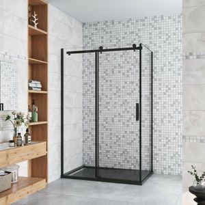 Duschparadies-de - 140x80x200cm Schwarze Schiebetür 8mm nano+esg Glas Duschabtrennung Duschkabine