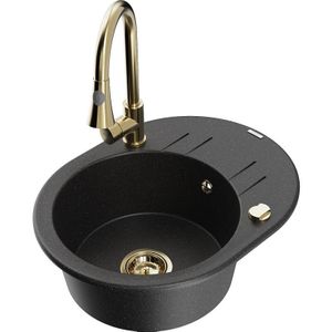 Kevin 1 Becken-Granitspüle mit Abtropffläche und Mischbatterie Elia, Schwarz/Silbermetallic - - Mexen