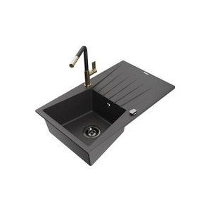 Mexen - Cesar 1 Becken-Granitspüle mit Abtropffläche und Mischbatterie Flora, Schwarz gesprenkelt - 65