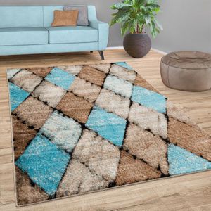 Teppich Wohnzimmer Vintage Optik Rauten Muster Kurzflor Modern Beige Blau Braun 240x340 cm - Paco Home
