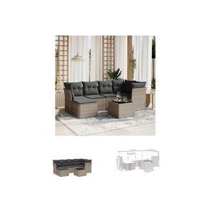 7-tlg. Garten-Sofagarnitur mit Kissen Grau Poly Rattan - Gartenmöbel Set - PE-Rattan Gartenmöbel - Outdoor Sofa - Esstisch Set - Lounge Set - The