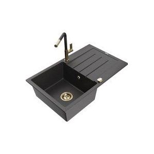 Bruno 1 Becken-Granitspüle mit Abtropffläche und Mischbatterie Flora, Schwarz gesprenkelt - 65 - Mexen