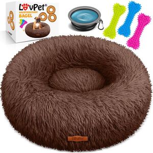 Hundebett Hundekissen Katzenbett Bagel Waschbar Inkl. Napf + 3x Kauknochen Hundesofa flauschig Kissen Rund aus Plüsch für Kleine Braun / xxl (80 x 80