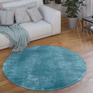 Paco Home - Teppich Rund Wohnzimmer Kurzflor Modern Flauschig Waschbar Einfarbig Rutschfest Türkis, 80 cm Rund