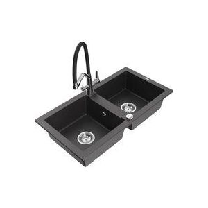 Mario 2-Becken-Granitspüle mit Mischbatterie Duo, Schwarz gesprenkelt - 6504-76-671701-07 - Mexen