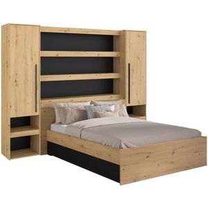 Bett mit Stauraum & LEDs - 140 x 190/200 cm - Holzfarben & Schwarz - varly