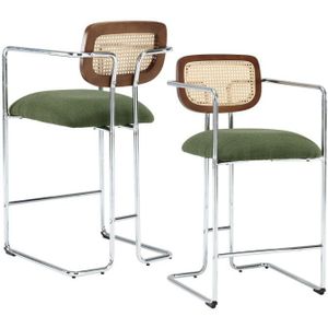 Wahson Office Chairs - Barhocker für Küche aus Rattan und Teddystoff mit Lehne Metallgestell Sitzfläche Grün 2er Set Wahson