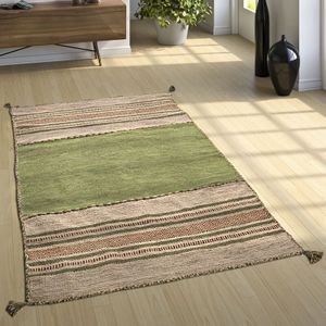 Designer Teppich Webteppich Kelim Handgewebt 100% Baumwolle Modern Gemustert Grün 160x220 cm - Paco Home