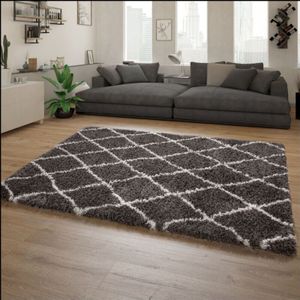 Teppich Grau Wohnzimmer Weich Kuschelig Rauten Muster Shaggy Flokati Hochflor 80x150 cm - Paco Home