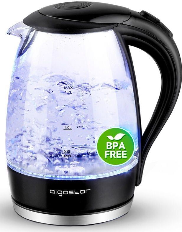 Aigostar - Wasserkocher Glas 1,7 Liter, 2200 Watt, LED-Beleuchtung, 100% bpa Frei, Verdicktes Borosilikatglas Wasserkocher mit Kalkfilter, 360°