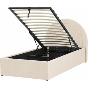 Beliani - Bett mit Bettkasten Beige Samt Gepolstert Lattenrost 90 x 200 cm Hochklappbar Hohes Rundes Kopfteil Retro Schlafzimmer Möbel Ausstattung