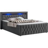 Juskys - Boxspringbett Leona 140x200 cm - Bett mit led Beleuchtung, Topper & H4 Federkern Matratzen - Einzelbett Grau mit Samt und Steppung
