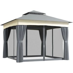 Outsunny - Pavillon mit Doppeldach, 3x3 m Wasserabweisend Stabil Winterfest Gartenpavillon mit Moskitonetz, Seitenteile, Garten-Pavillon aus Metall,