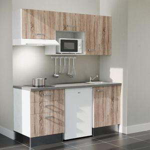 Cuisibane - Kochnischen K20L-PT - 180 cm - Laminatplan, spüle Edelstahl, - Holzfront - betongraue Laminatplatte - Kredenzen nein + Haushaltsgeräte
