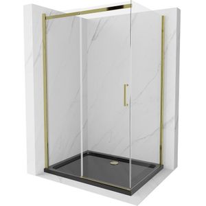 Omega ausziehbare Duschabtrennung 120 x 90 cm, Transparent, Gold + Duschwanne Flat, Schwarz - - Mexen