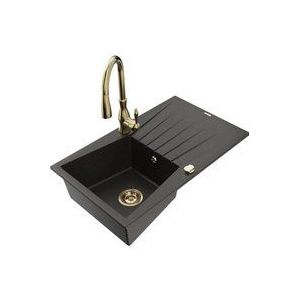 Cesar 1 Becken-Granitspüle mit Abtropffläche und Mischbatterie Savita, Schwarz/Gold metallisch - Mexen